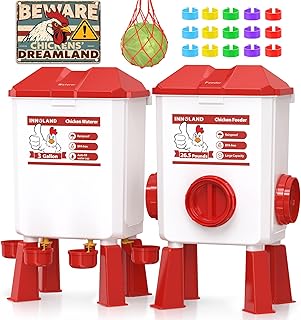 Chicken Feeder and Waterer Set - 12KG/11L | Automatic Chicken Waterer, 4 Cups & 3 Feeder Ports, No Waste Poultry Feeders & Waterers, Chicken Coop Accessories for Poultry