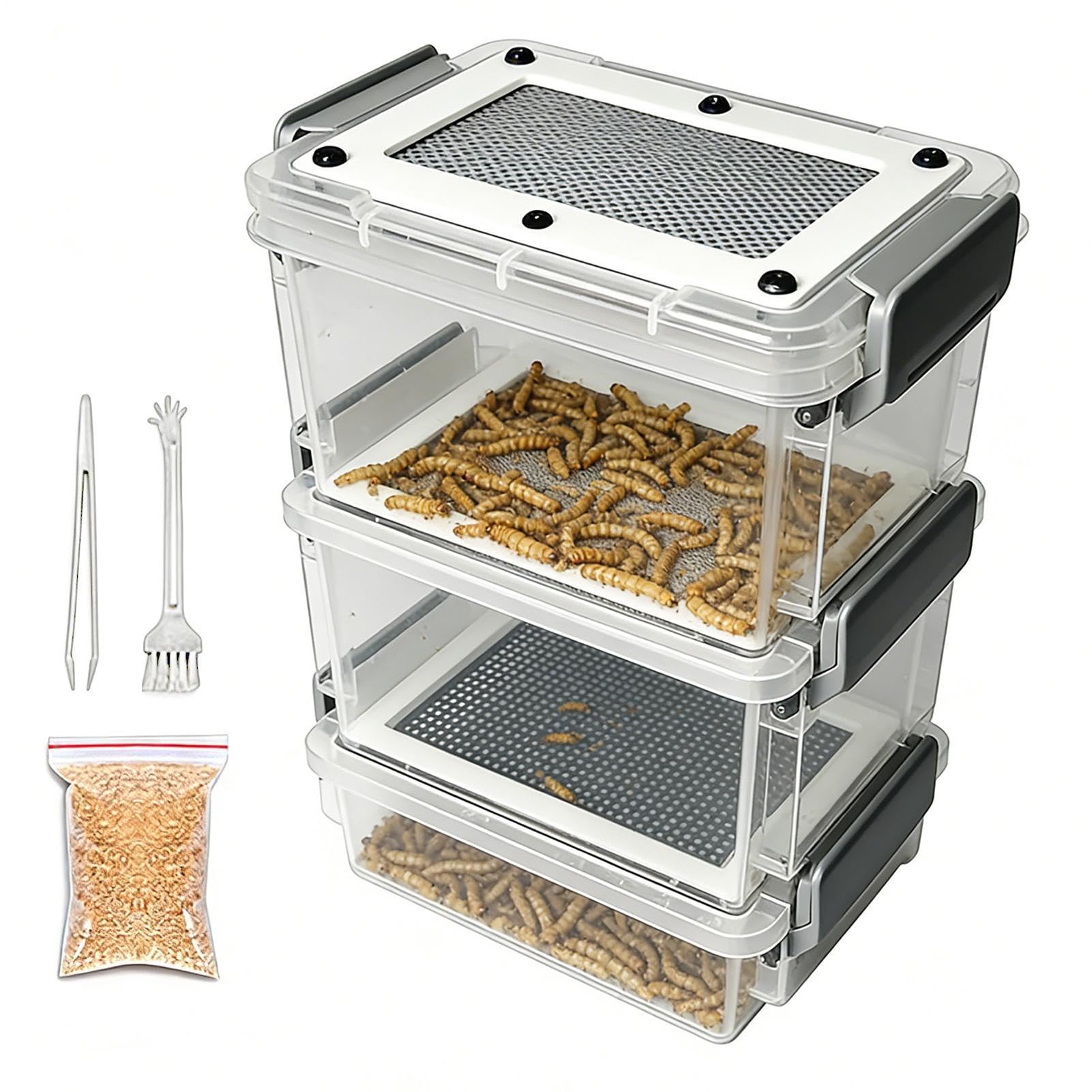 Live Mealworm Farm Breeding Kit, 3-Layer Clear Silkworm Feeder Box, Corn Worm Fe