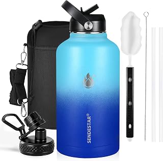 Insulated Water Bottle 64 oz, Triple Wall Vacuum Stainless Steel Water Bottles (Cold for 48 Hrs), Leak Proof & Non-BPA, Half Gallon Water Flask Jug Wide Mouth Straw Lid & Spout Lid