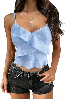 Women Spaghetti Strap Camisole Tops Sexy V Neck Ruffle Top Summer Sleeveless Going Out Tank Crop Top