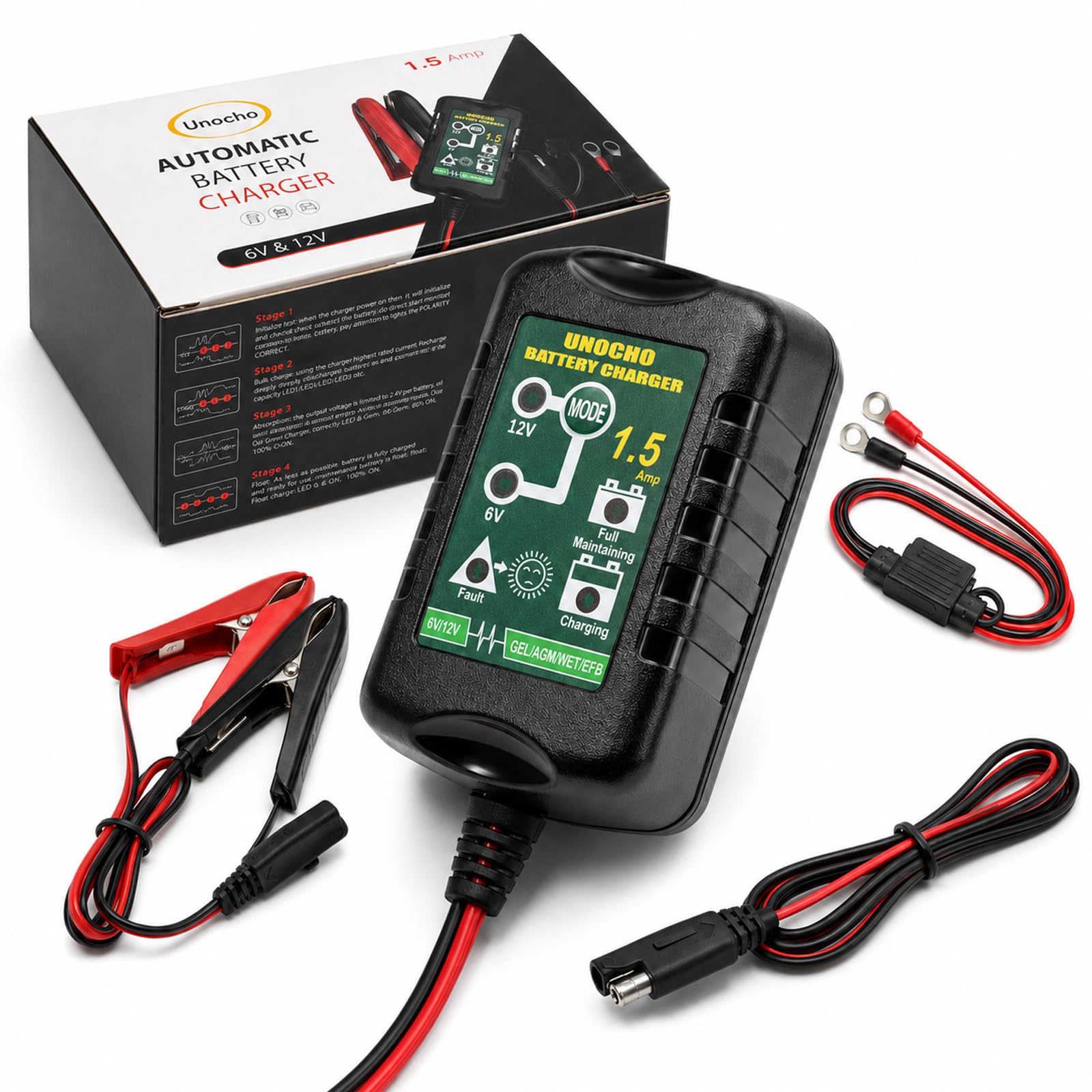 Unocho 6V/12V Battery Charger Maintainer 1.5A Automatic Trickle Charger Smart Fl
