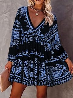 Women's Versatile Short Sleeve Ethnic Print V Neck Summer Dress