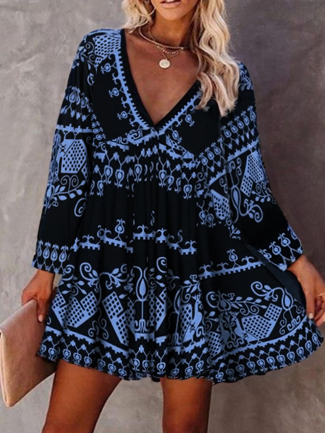 Women's Versatile Short Sleeve Ethnic Print V Neck Summer Dress