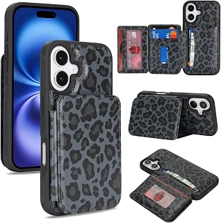 Cavor for iPhone 16 Wallet Case with Card Holder, Black Leopard