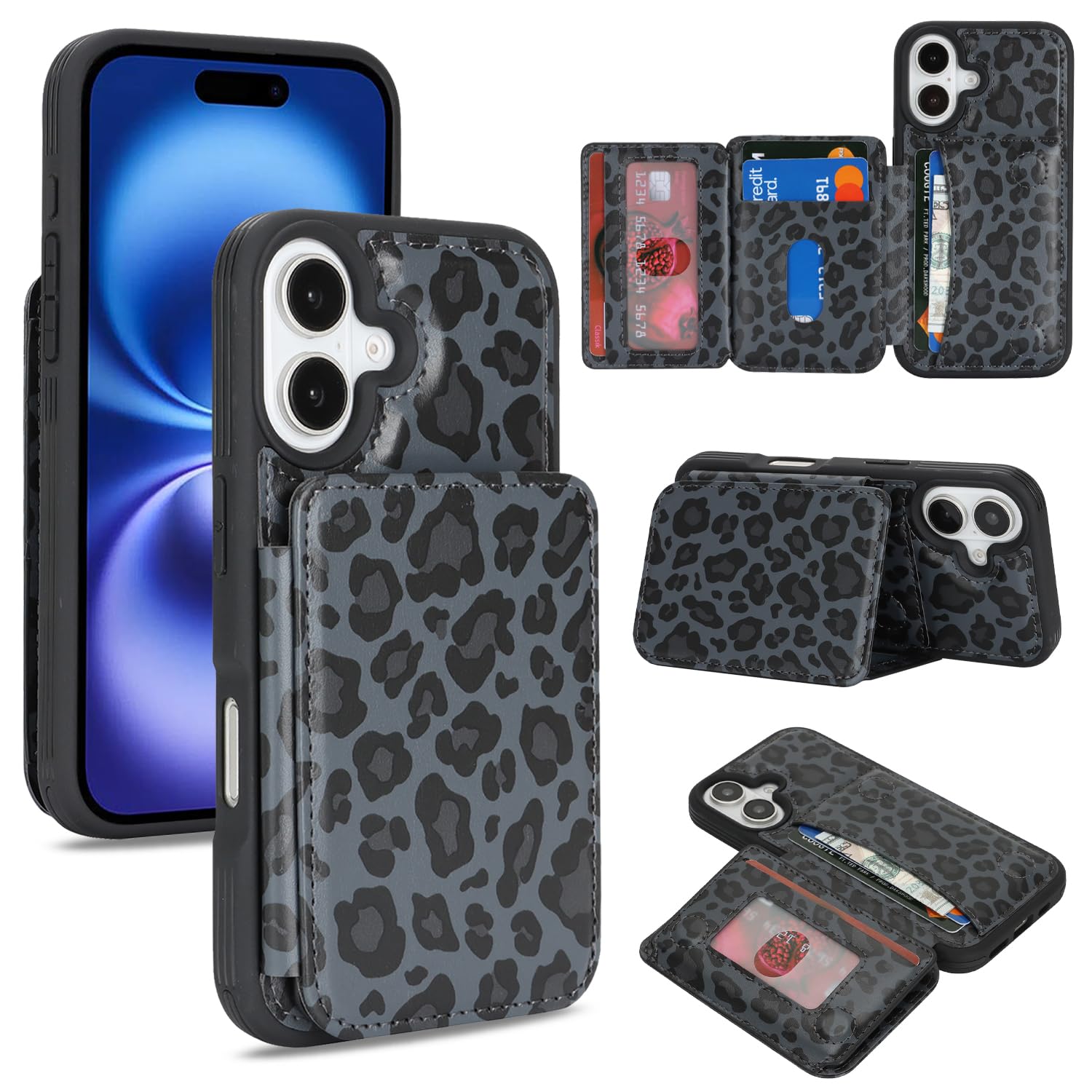 Cavor for iPhone 16 Wallet Case with Card Holder, Black Leopard