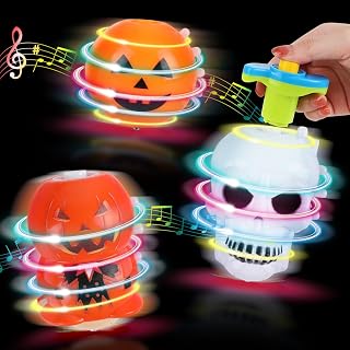 DERAYEE Halloween Basket Stuffers for Kids, 3PCS LED Pumpkin Skull Light Up Spinning Tops Halloween Spinning Toys Gifts for Halloween Party Favors Goodie Bag Fillers Classroom Rewards