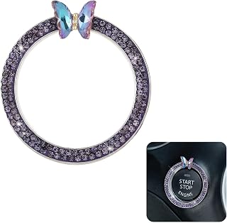 Pumruny Push To Start Button Cover, Sparkly Pink Crystal Rhinestone Ignition Ring, Butterfly Decor Engine Start Stop Trim Ring, Bling Car Interior Accessories, Universal for Women and Girls (Purple)