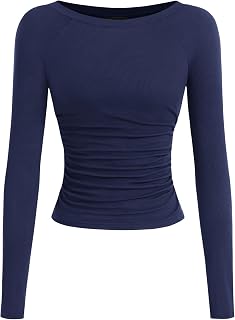 PRETTYGARDEN Camicie a maniche lunghe da donna 2025 autunno increspato lati scollo a barca t-shirt basic casual aderente a costine crop top in maglia