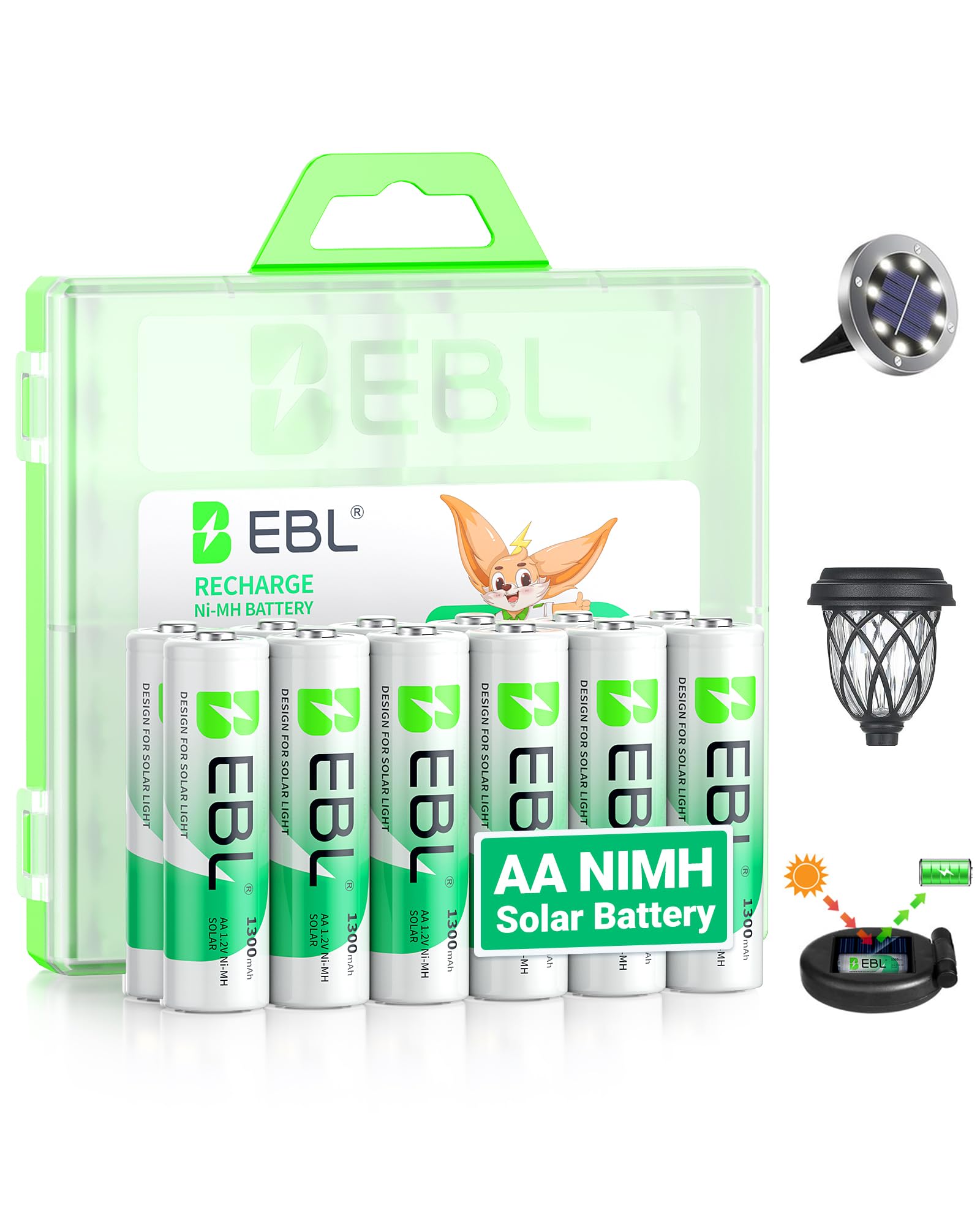 EBL Solar AA Battery Rechargeable Batteries for Solar Lights, 12 Pack | 1300mAh 