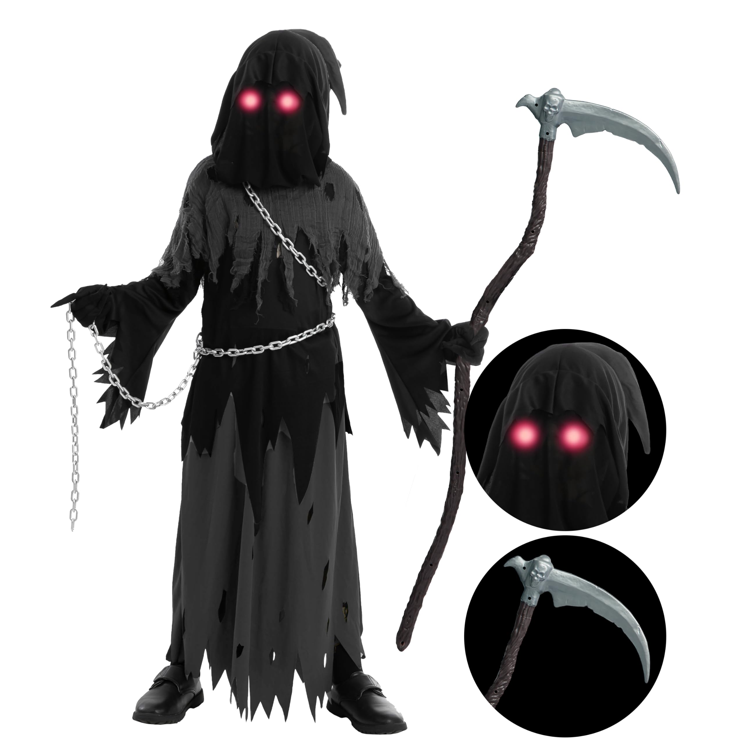 Spooktacular Creations Child Unisex Glowing Eyes Reaper Costume for Creepy Phant