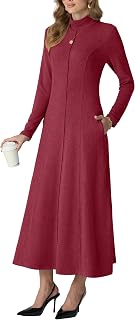 GRECERELLE Women's Mock Neck Long Sleeve A-Line Lightweight Sweater Maxi Dress with Pockets(XS-3XL)