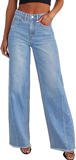PRETTYGARDEN Jeans a gamba larga per le donne Trendy 2025 Pantaloni a palazzo in denim a vita alta elasticizzati larghi con orlo grezzo con tasche, Cielo blu, 52