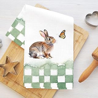 Kitchen Towels Decorative Absorbent Microfiber Rabbit Butterfly Watercolor Green Plaid Pattern Tea Towels Decorative Waffle Tea Towels for Kitchen Home Bathroom Gifts for Kitchen