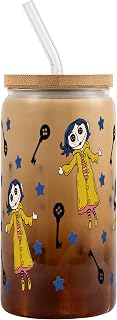 Sip-Sip Hooray! Coraline 16oz Glass Can Cup with Lid and Straw, Button Eyes Iced Coffee Cup, Spooky Cute for Coraline Fans and Gothic Aesthetic Lovers