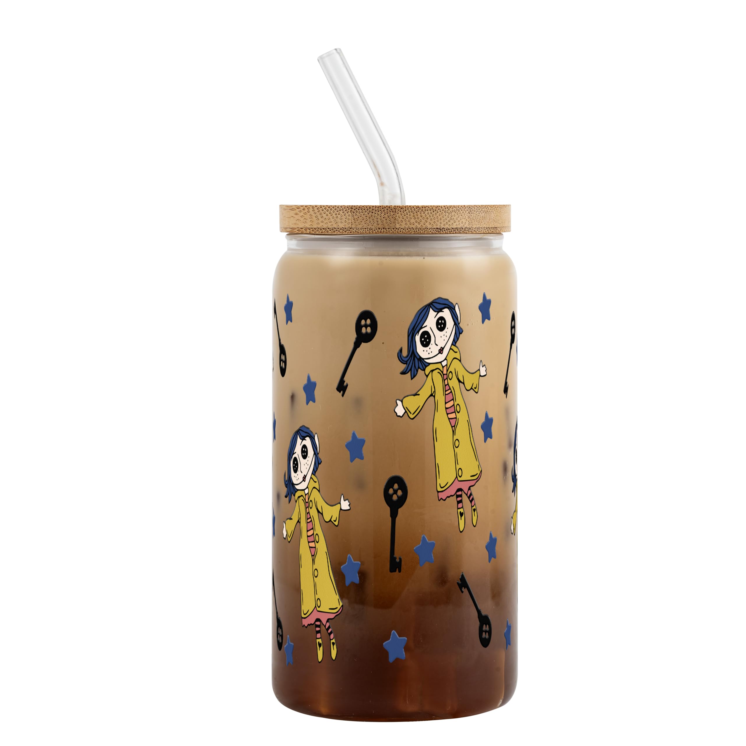 Sip-Sip Hooray! Coraline 16oz Glass Can Cup with Lid and Straw, Button Eyes Iced