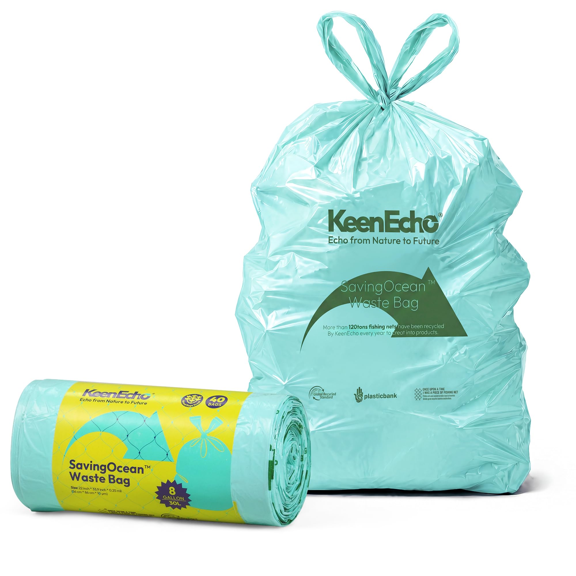 30L 40 Counts Small Green Bin Liners with Handle, Ocean Fishing Nets Upcycling, 