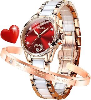 OLEVS Womens Watches Automatic Self Winding Ladies Rose Gold Diamond Watch Luxury Dress White Ceramic Wrist Watch for Women Love Heart Date