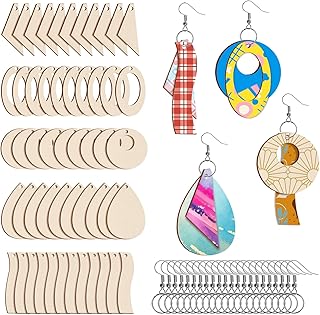 300 Pieces Unfinished Wooden Earrings Blanks for Earring Pieces 5 Shapes Wood Pendants with 100 Pcs Earring Hooks and 100 Pieces Jump Rings for DIY Craft Jewelry Making