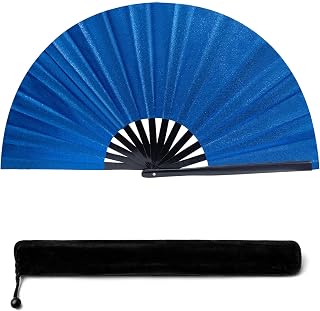 13IN Biscay Blue Large Popping Hand Fan For Line Dancing Clacking Premium Silk Boots On The Ground Hand Fan Chinese Rave Fan FOR Women Dancer Drag Queen Anyone IN Pride Month Party Beach Edm