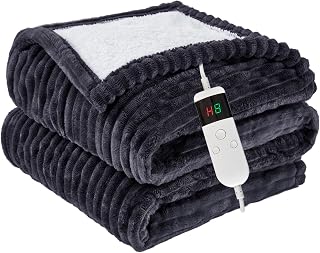 Heated Blanket Electric Throw, Soft Flannel Heating Blanket with 8 Hours Auto Off 10 Fast Heating Levels Machine Washable Sherpa Heated Blanket with Overheating Protection