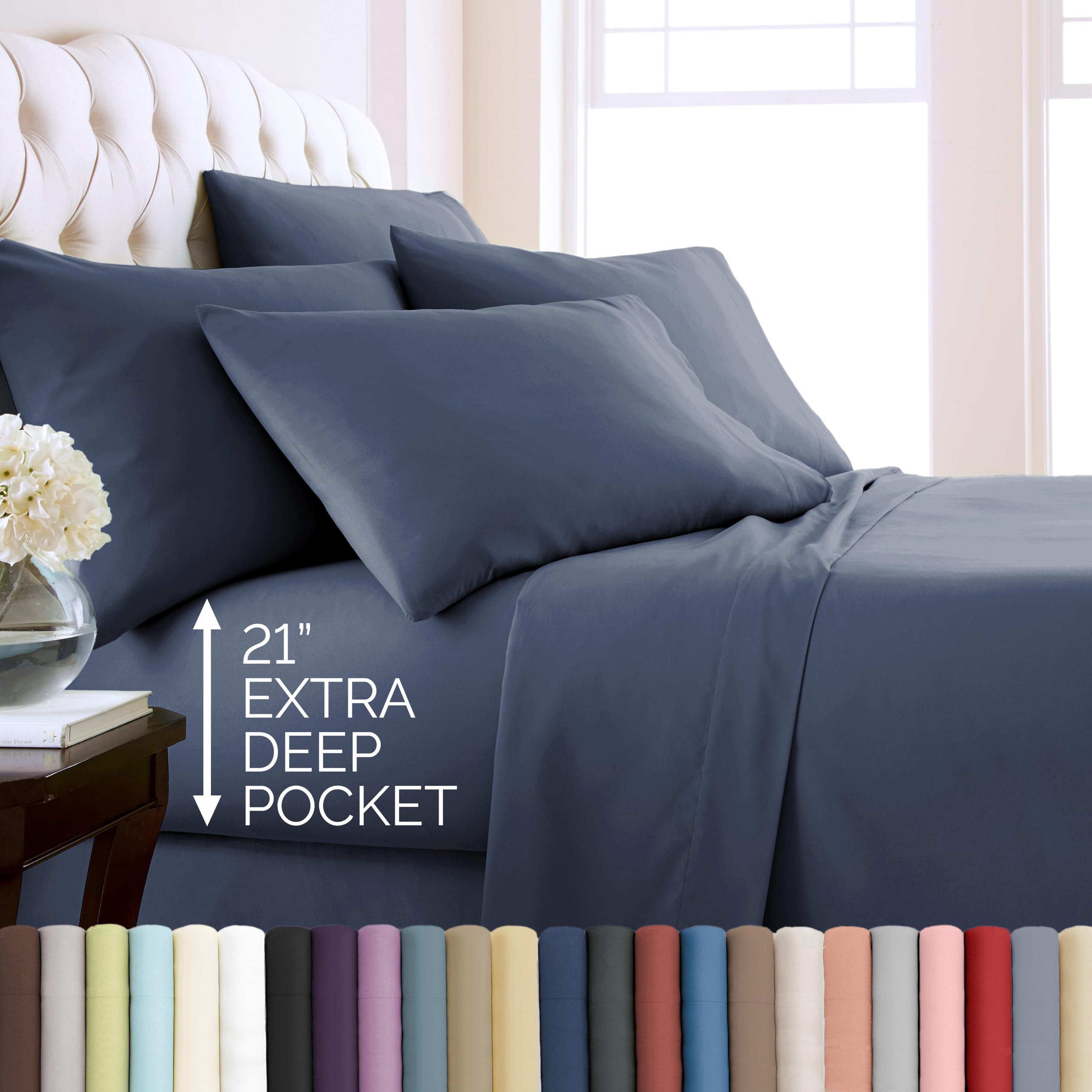 21 Inch Twin Sheets Set Extra Deep Pockets Premium Microfiber Dark Blue