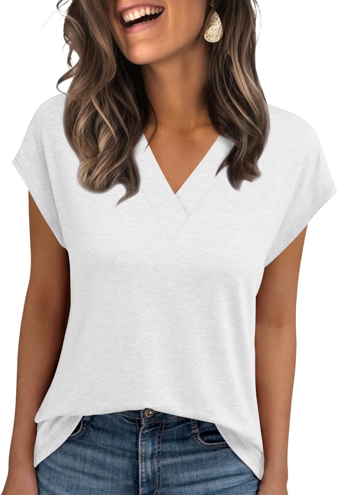 Womens Summer Tops Casual Spring V Neck T Shirts Cap Sleeve Basic Trendy Blouses