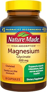 Nature Made Magnesium Glycinate 200 mg per Serving, 60 Capsules | High Absorption Magnesium Supplement for Muscle, Heart and Bone Support, Magnesium Bisglycinate Capsules, 30 Day Supply