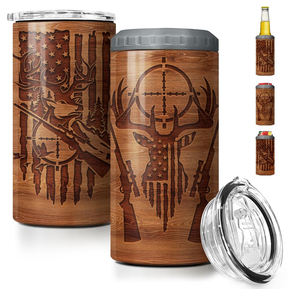 SANDJEST Hunting Tumbler Wood Style American Flag 4 in 1 12oz Tumbler Can Cooler