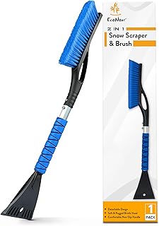 EcoNour 27" Ice Scraper & Snow Brush for Car Windshield Cleaning - Blue | Ice Scraper for Car with EVA Foam Grip, Aluminum Material, Scratch-Free Bristle for Snow Removal, Winter Accessories - 1 Pack