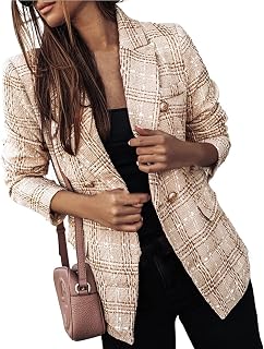 Women's Double-Breasted Blazer Office Work Wear Blazer Office Work Clothing Jacket Casual Slim Fit Lapel Plaid Jacket