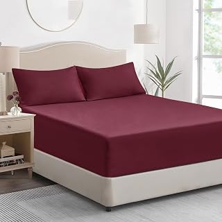 King Size Fitted Sheet Deep - Burgundy Kingsize Bed Sheet Extra Deep Pocket 16 inch (40 cm), Soft Brushed Microfiber Mattress Bottom Bedding Sheet Red, 150x200cm