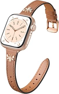 CeMiKa Thin Leather Bands Compatible with Apple Watch Band 38 mm 40 mm 41 mm, Leather Strap with Charm for Apple Watch SE SE3 Series 11 10 9 8 7 6 5 4 3, Women Men, Brown/Rose Gold Bee