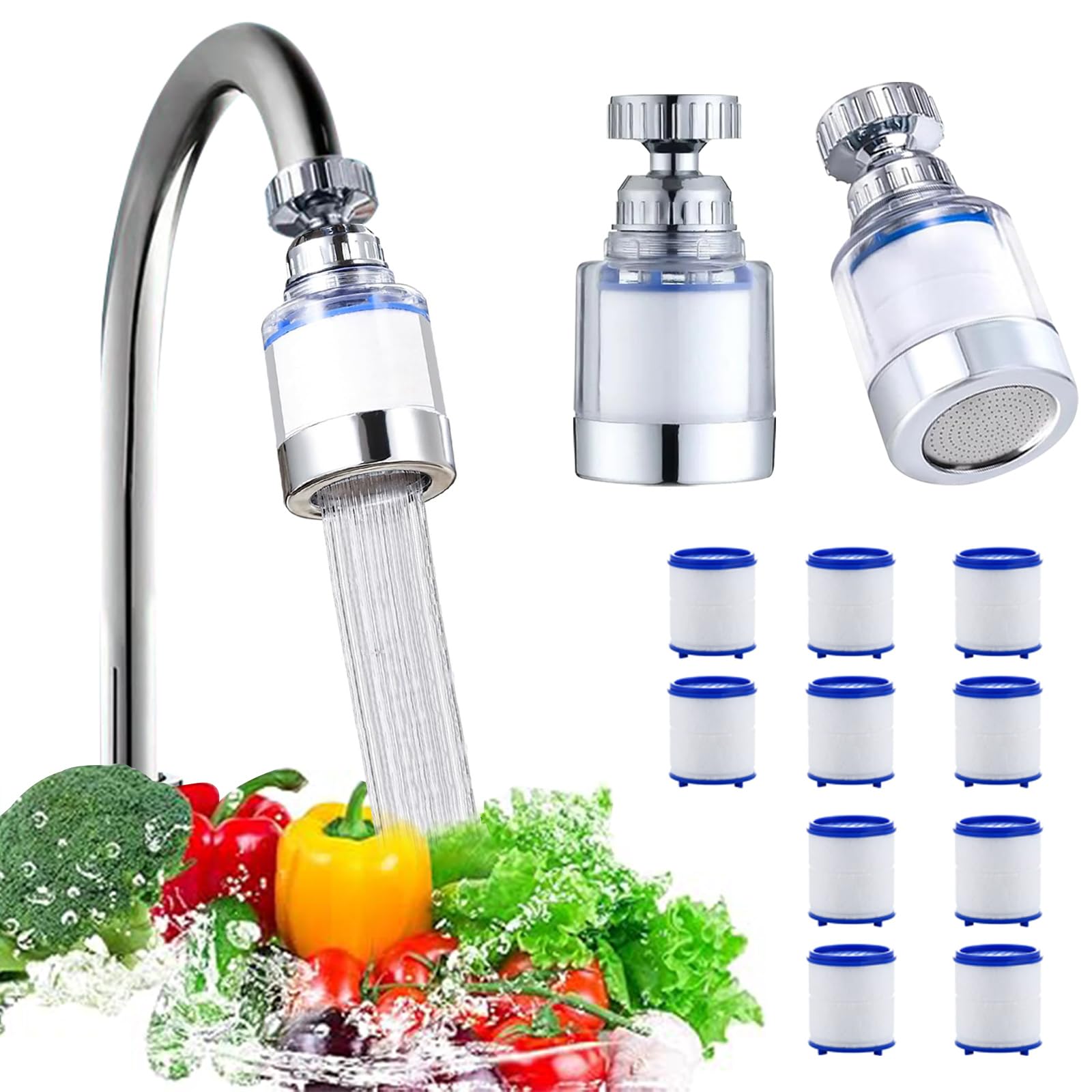 KASESS 2 Pcs Water Faucet Filters + 10 Cartridges, 360 Degree Rotating Tap Filte