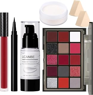 UCANBE Halloween Makeup Kit – 15-Color Red Eyeshadow Palette, White Liquid Foundation, Red Liquid Lipstick, Black Eyeliner, Setting Powder &amp; Sponges Makeup Set for SFX Cosplay Costume Clown Vampire