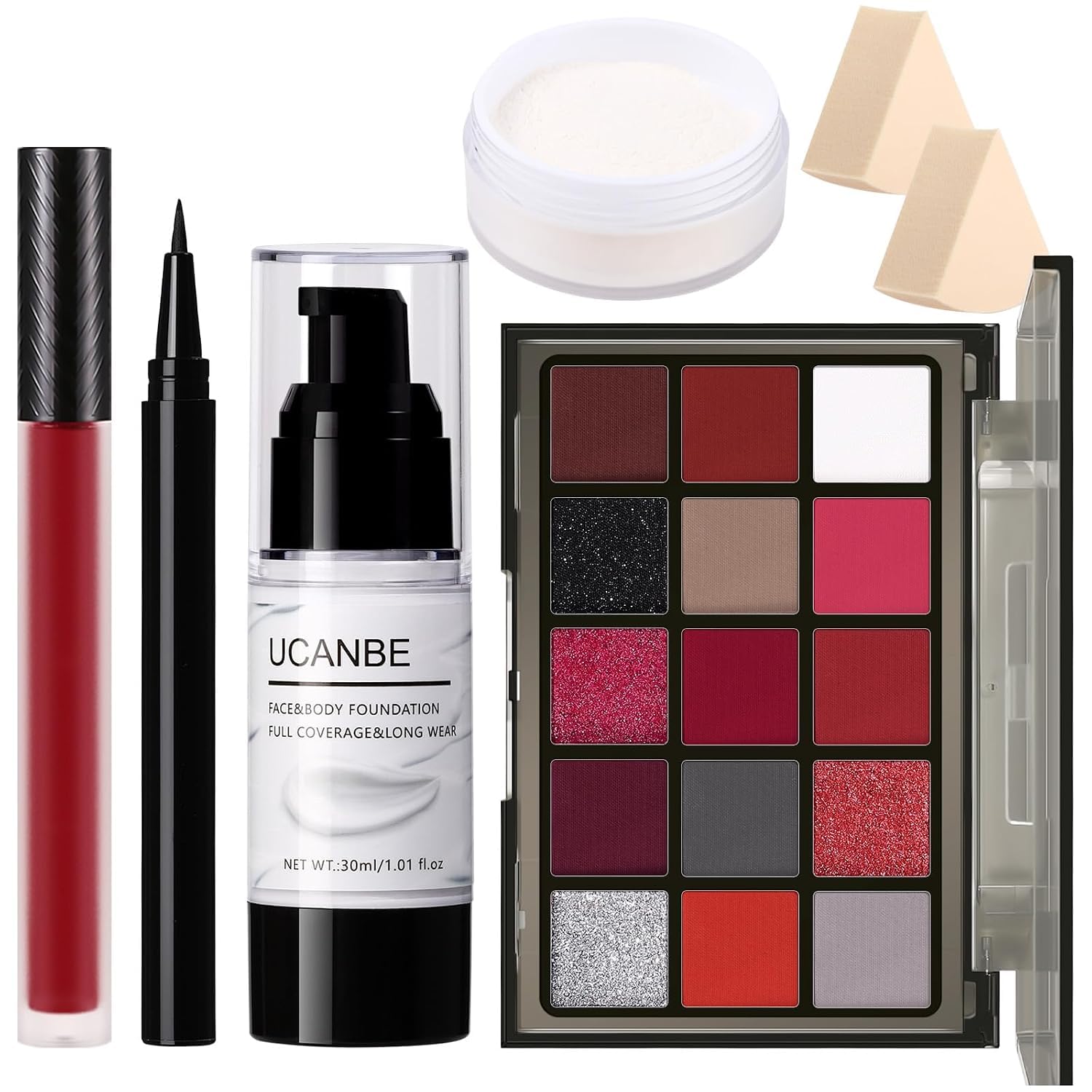 UCANBE Halloween Makeup Kit – 15-Color Red Eyeshadow Palette, White Liquid Found