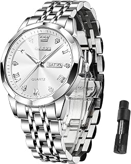 Men's Casual Stainless Steel Watch, Big Face Easy to Read Analog Quartz Watch with Day and Date, Classic Waterproof Diamond Roman Arabic Numerals Dial Dress Watch for Men, Gold Silver Black Band