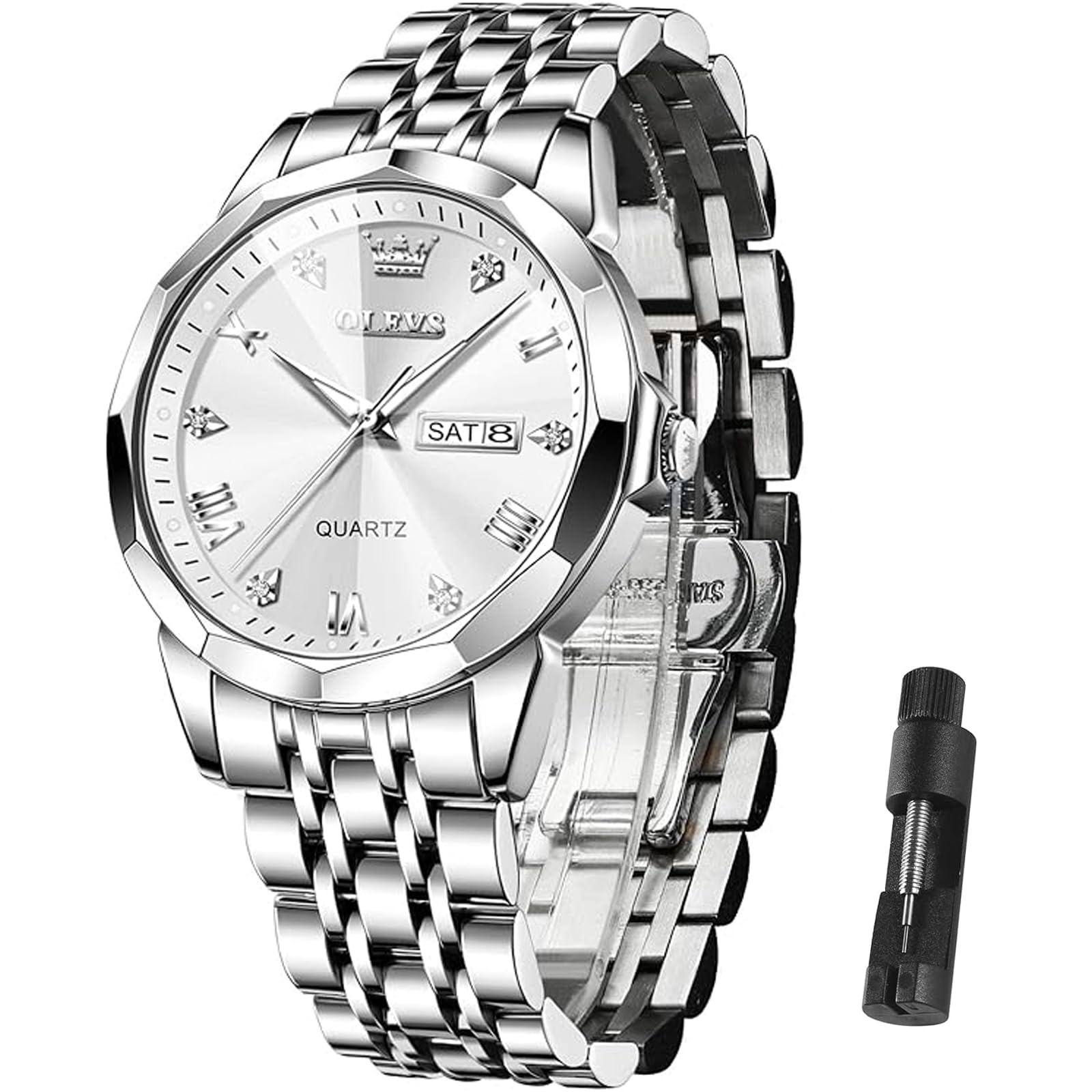Men's Casual Stainless Steel Watch, Big Face Easy to Read Analog Quartz Watch wi