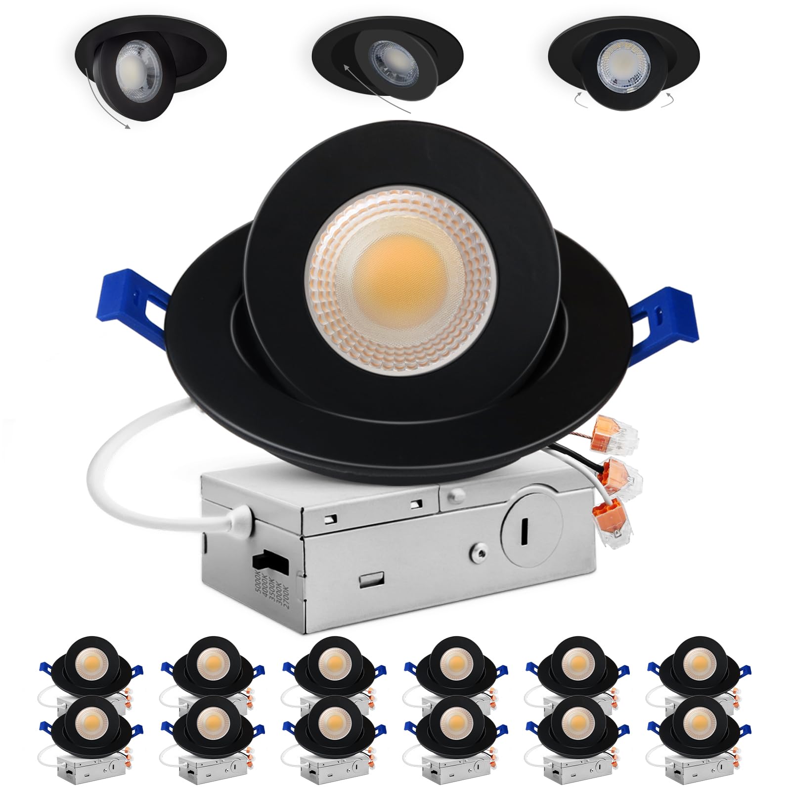 Adetu 12 Pack 4 inch 5CCT Black Gimbal LED Recessed Lights, 10W=95W, 982LM | 360
