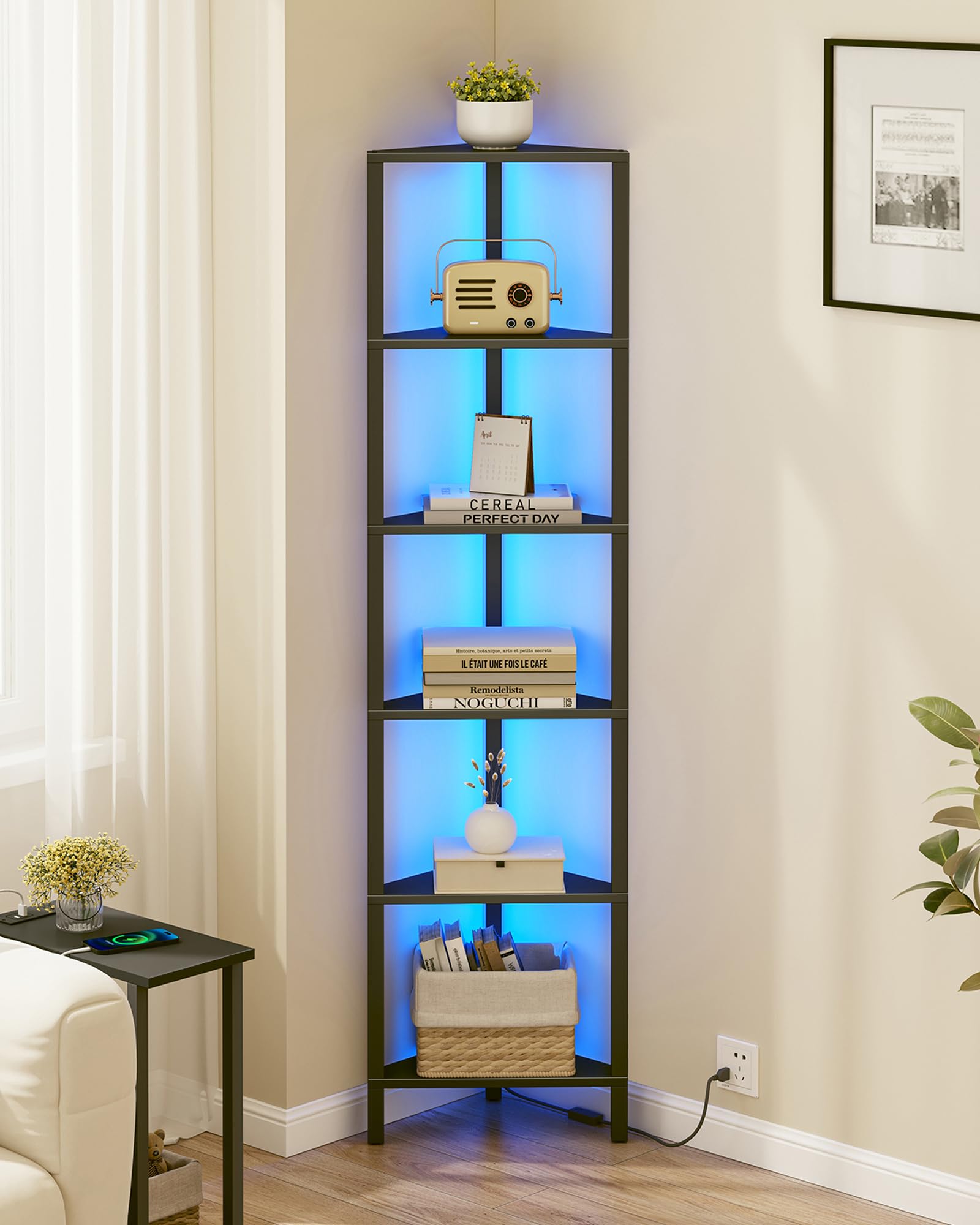 TUTOTAK Corner Shelf with LED Light, 6-Tier Corner Bookshelf for Small Space, Na
