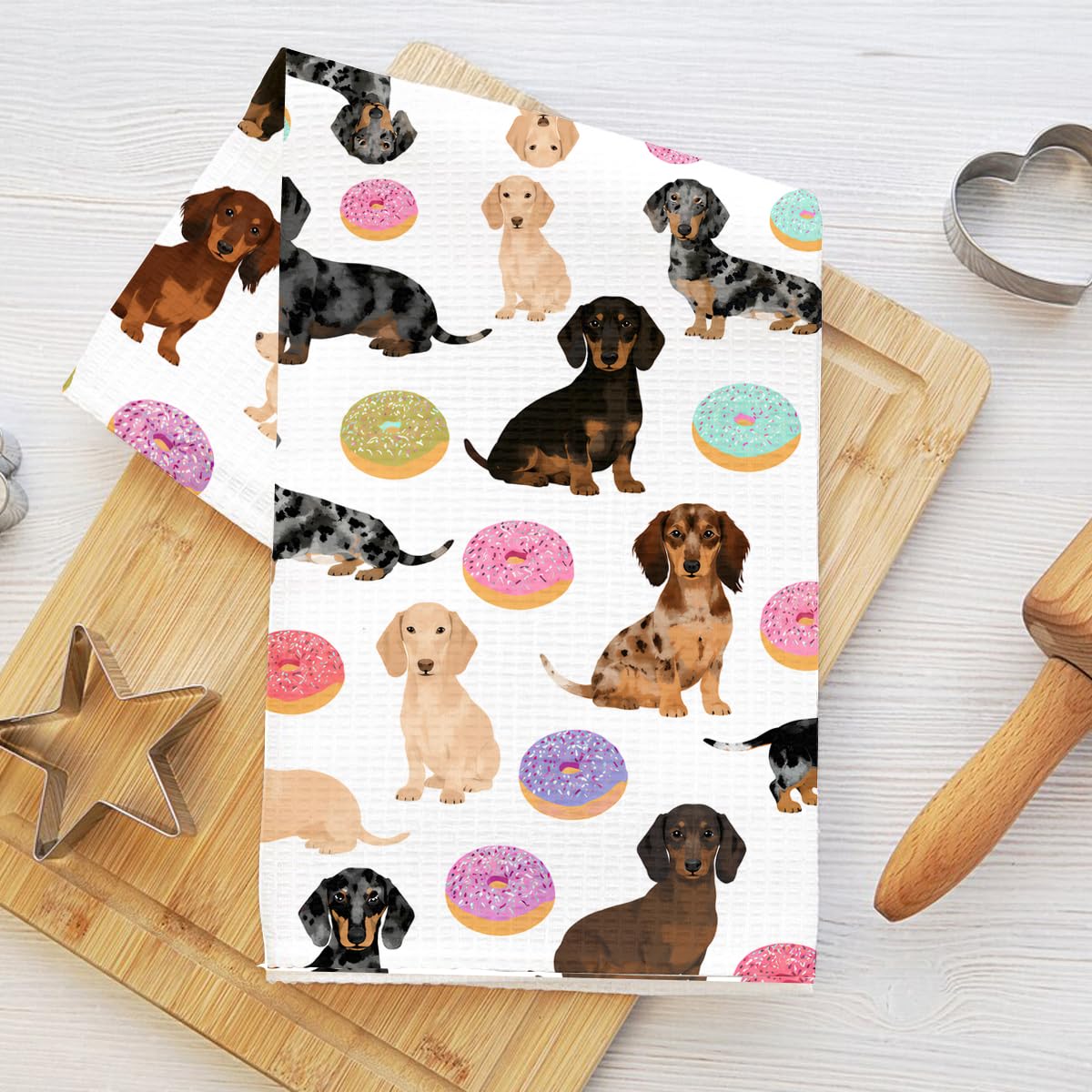 Doughnut and Dachshund Kitchen Towels, Absorbent Decorative Towels for Living Ro