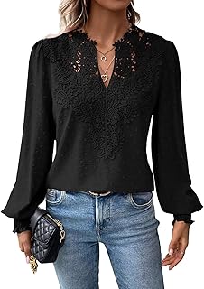 Falechay Long Sleeve Shirts for Women Boho Flowy Lace Floral V Neck Tops | Dressy Casual Blouses, Swiss Dot Crochet Flowers Neckline, Ruffle Smocked Cuffs, Elegant Classy Ladies Tunic, Trendy Clothes
