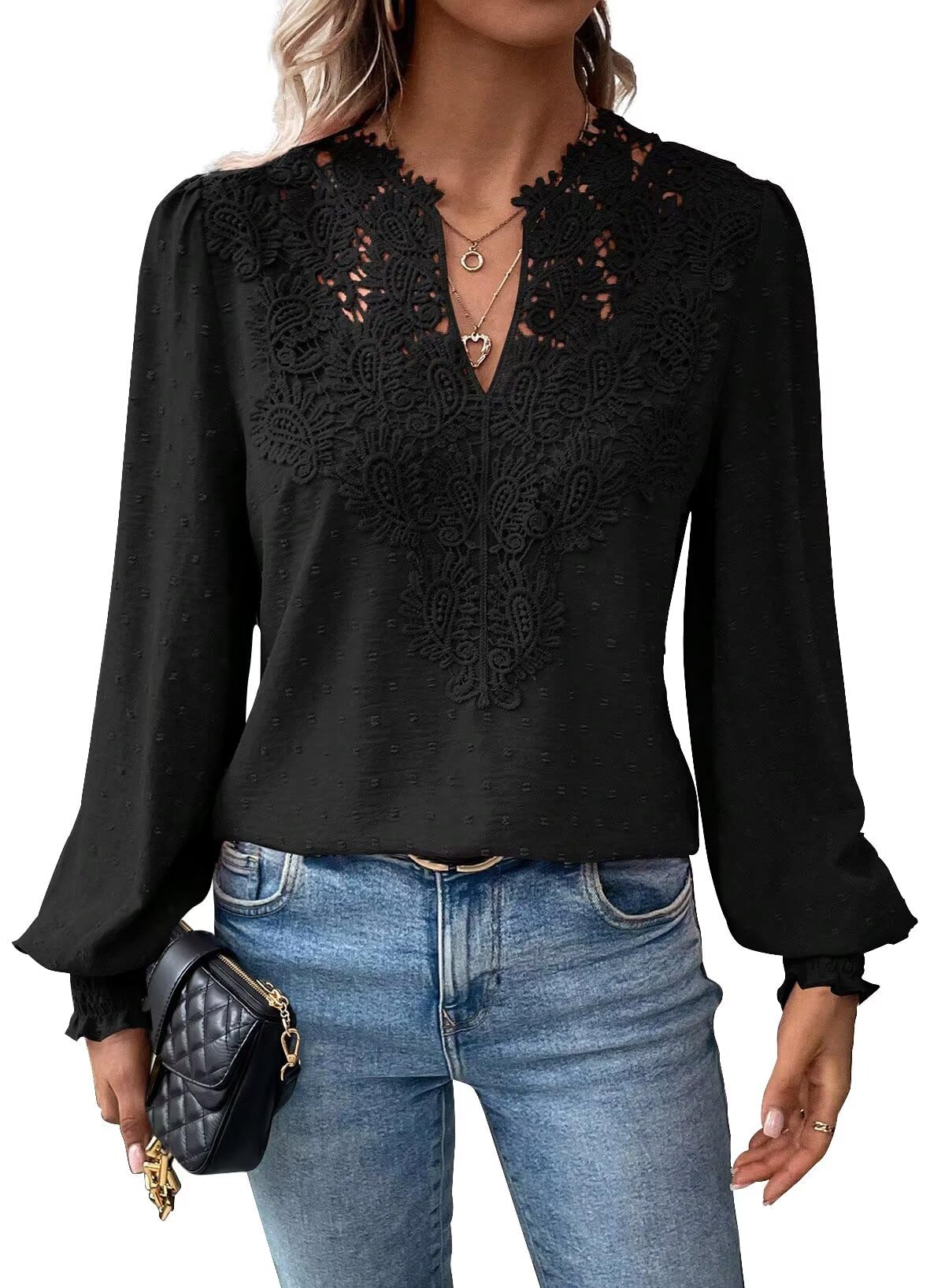 Falechay Long Sleeve Shirts for Women Boho Flowy Lace Floral V Neck Tops | Dress