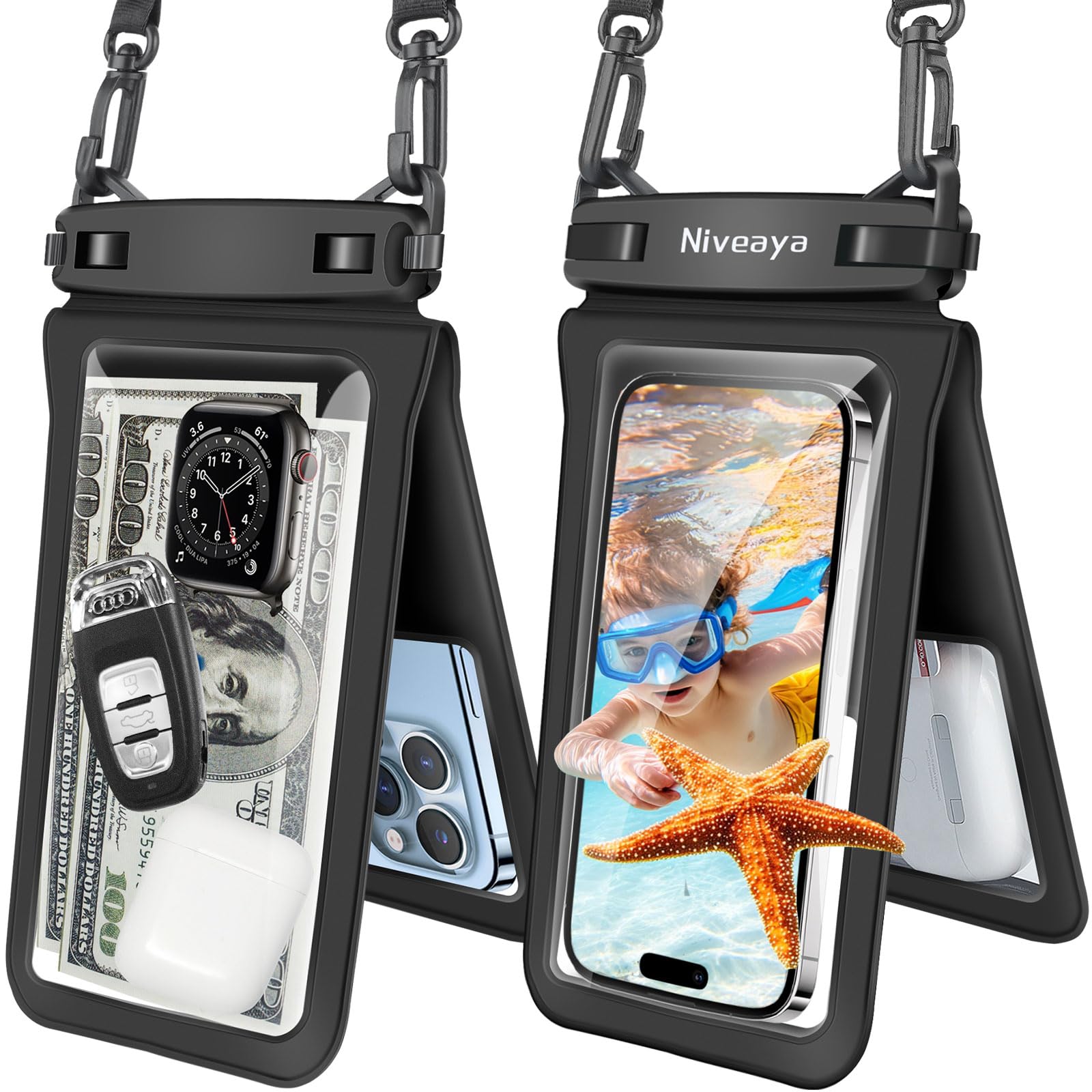 Niveaya Double Space Large Waterproof Phone Pouch, 2 Pack up to 8.3", Black | IP