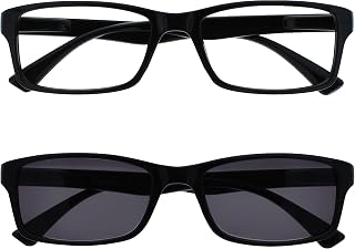 OPULIZE PEP Reading Glasses and Reading Sunglasses for Women Men, Large Rectangular Designer Frame with Spring Hinges, Scratch Resistant, Black, Black Sun +1.5 (Pack of 2)
