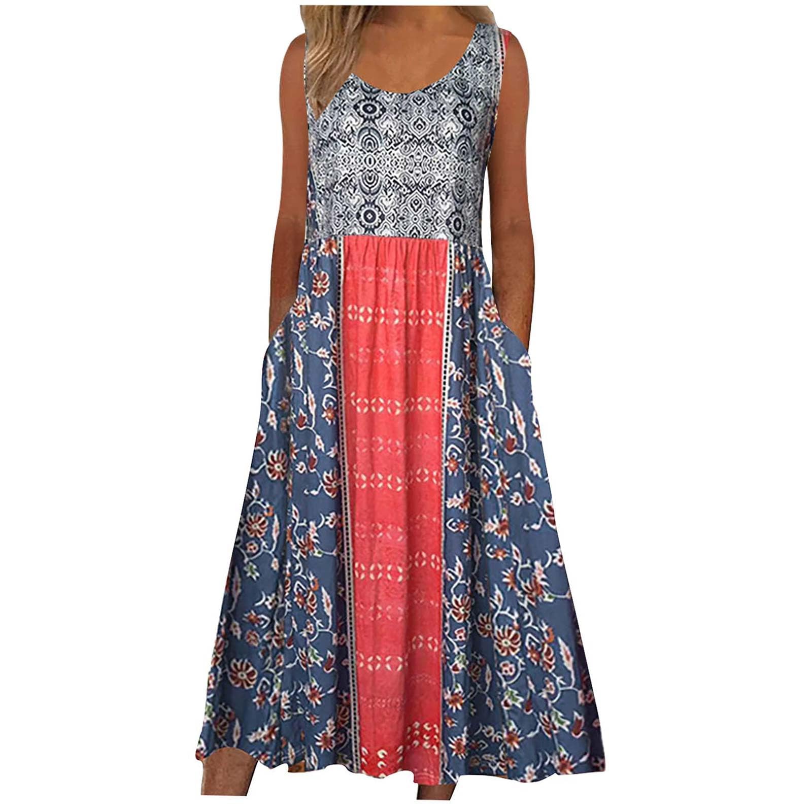 Sleeveless Maxi Dress for Women Casual Boho Floral Long Dress with Pockets Loose