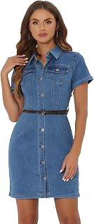 Allegra K Women's Denim Shirt Dress Collar Short Sleeve Belted Button Up Jean Dresses