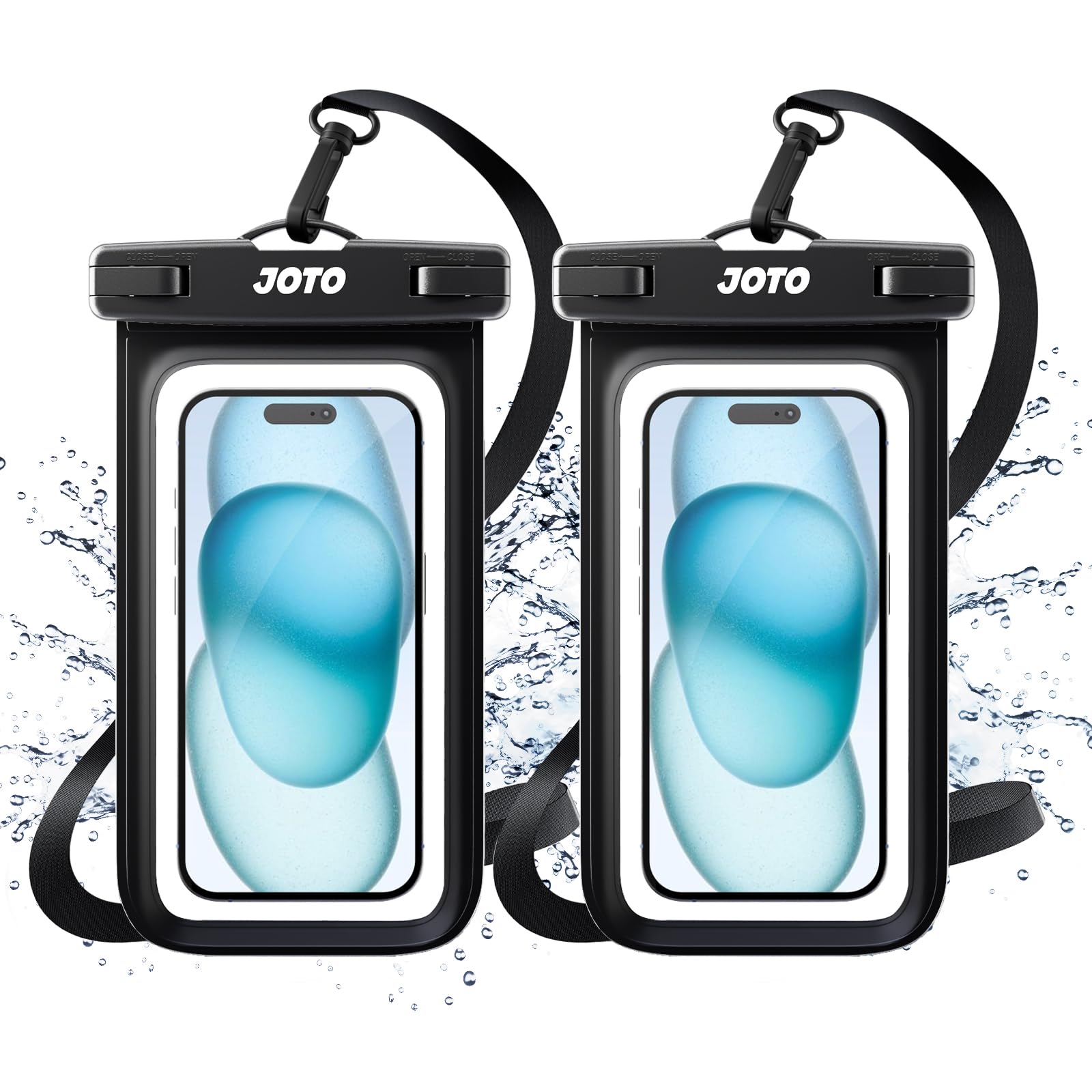 JOTO 2 Pack Waterproof Phone Pouch, Universal IPX8 Dry Bag up to 7" -Black | IPX