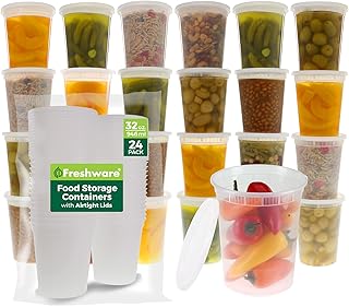Freshware Food Storage Containers with Lids 32 oz [24 Set] Soup Containers | Plastic Deli Containers with Lids, Freezer Storage Containers, Leakproof, BPA Free, Stackable, Microwave/Dishwasher Safe