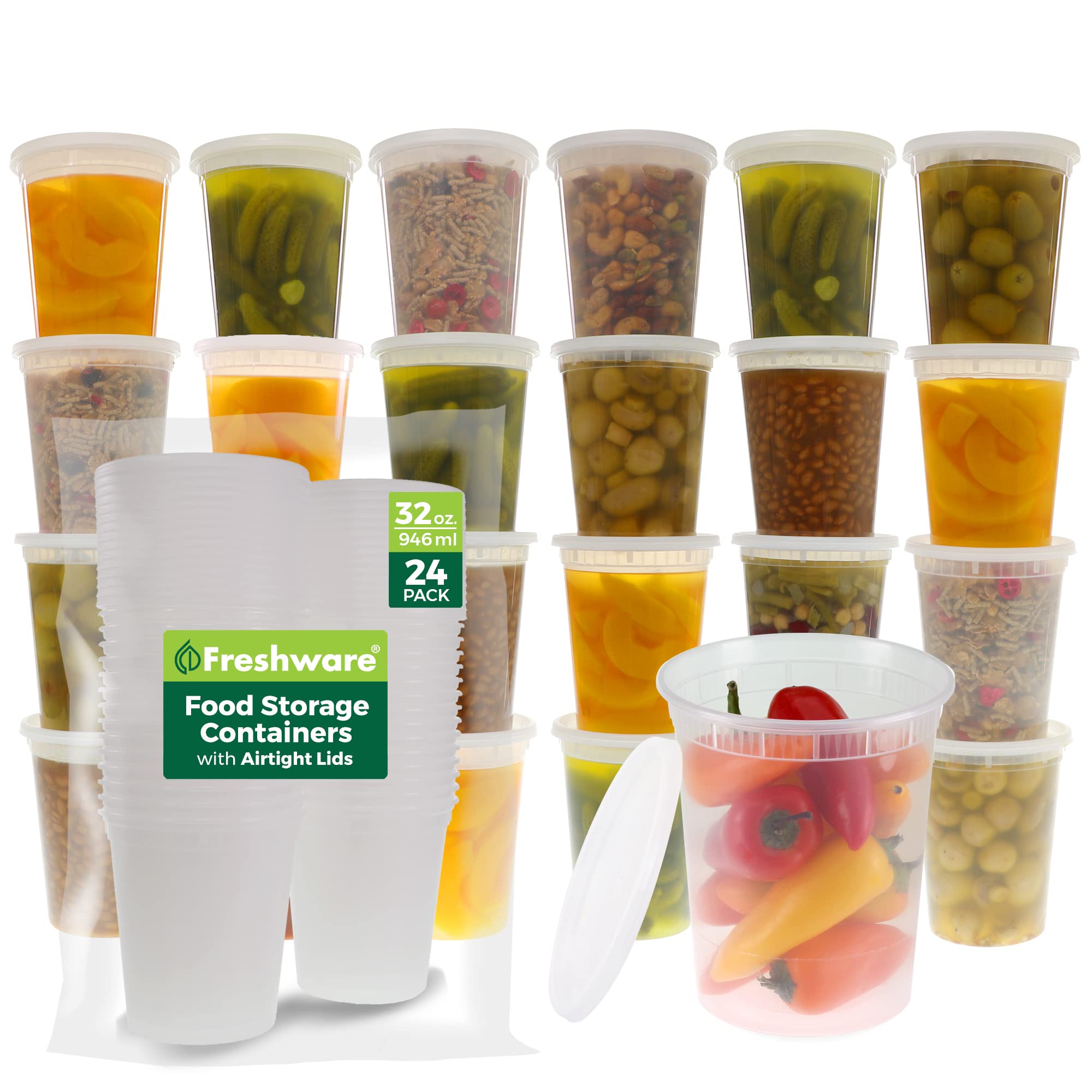 Freshware Food Storage Containers with Lids 32 oz [24 Set] Soup Containers | Pla