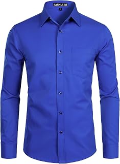 PARKLEES Men's Long Sleeve Slim Fit Casual Business Wedding Shirt with Chest Pocket